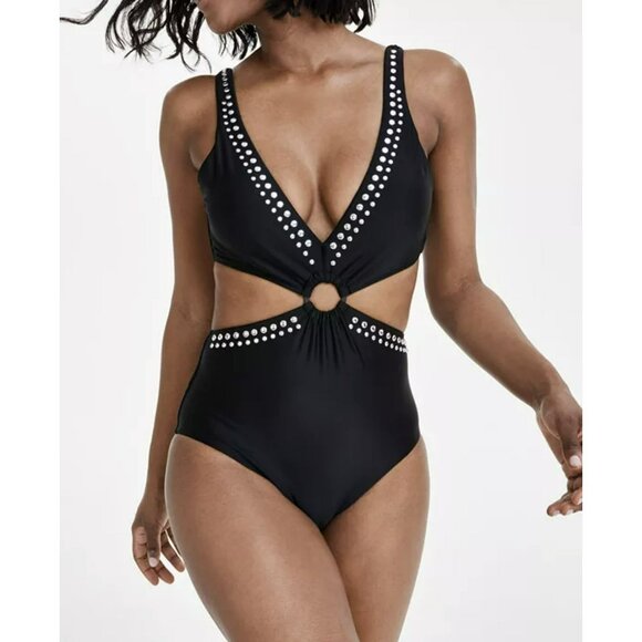 Bar III $94 Bathing Suit One Piece Black Studded Cut Out Swimsuit XS NWT - Picture 3 of 8